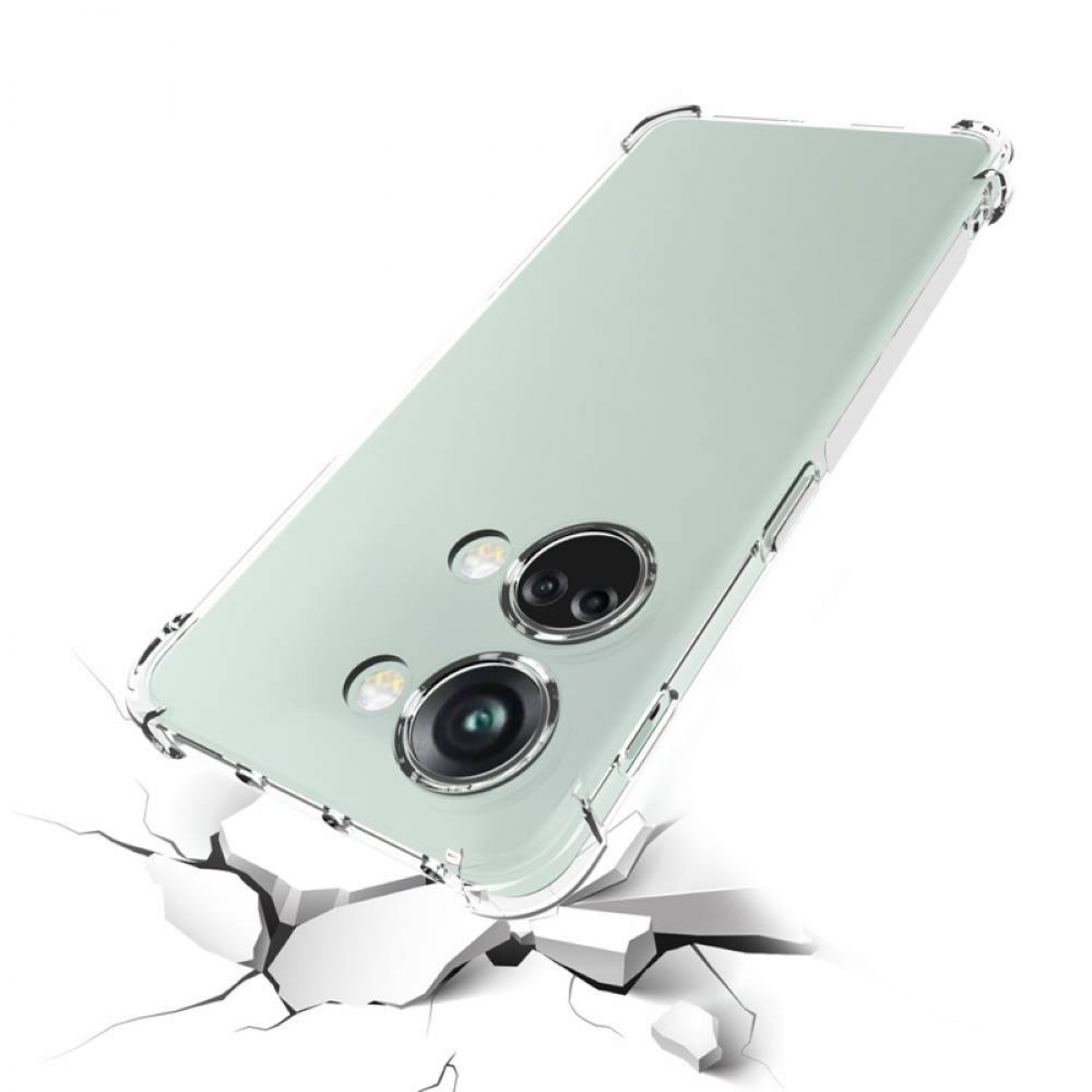 Ein mintgrünes Telefon in einer transparenten Schutzhülle, darunter ein Riss im Boden, abgewinkelt, zeigt Kameralinsen.