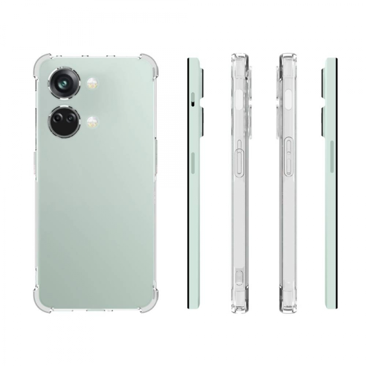 Ein Smartphone mit klarer Hülle in mehreren Ansichten.