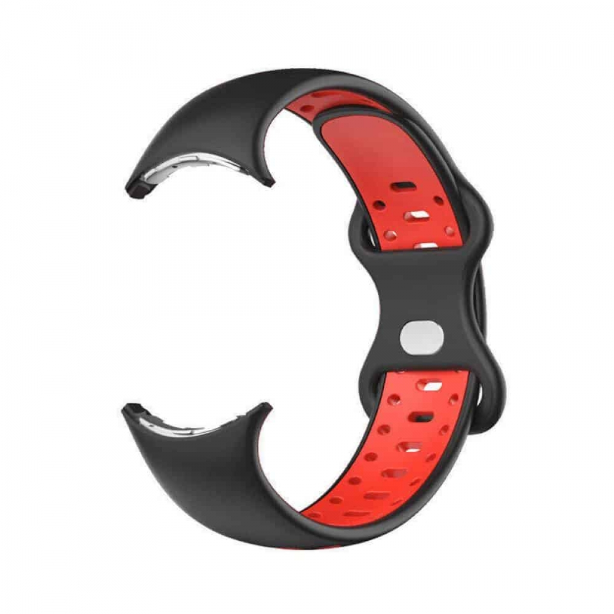 Schwarzes und rotes Uhrenarmband. Es ist gebogen und hat ein Lochdesign. Weißer Hintergrund.