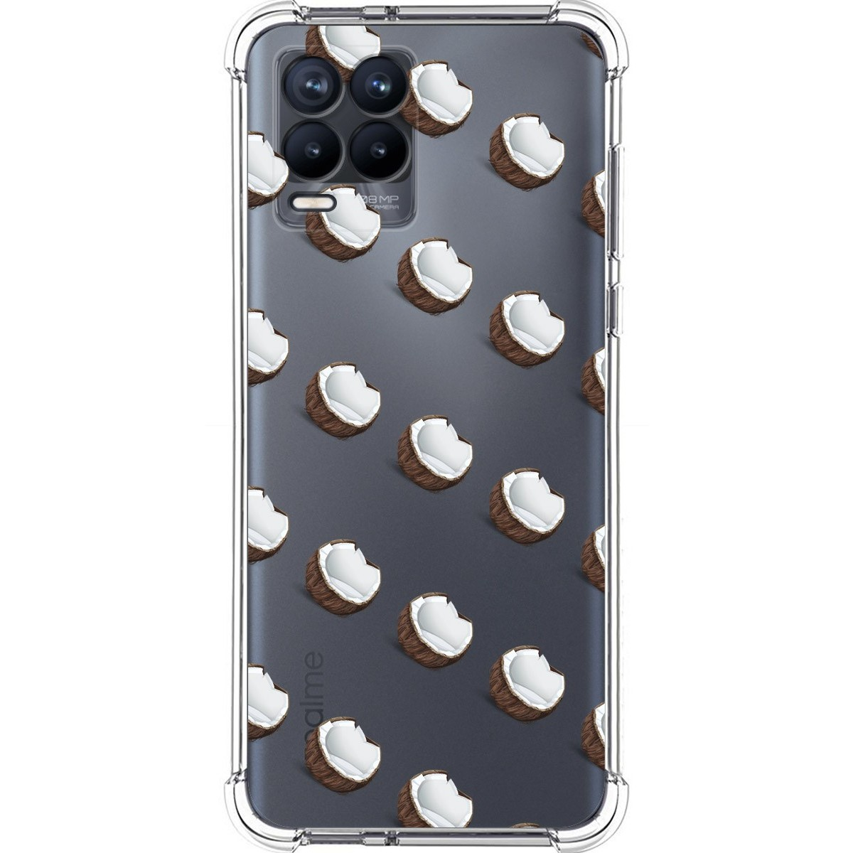 Funda de teléfono con patrón de cocos sobre un fondo transparente.