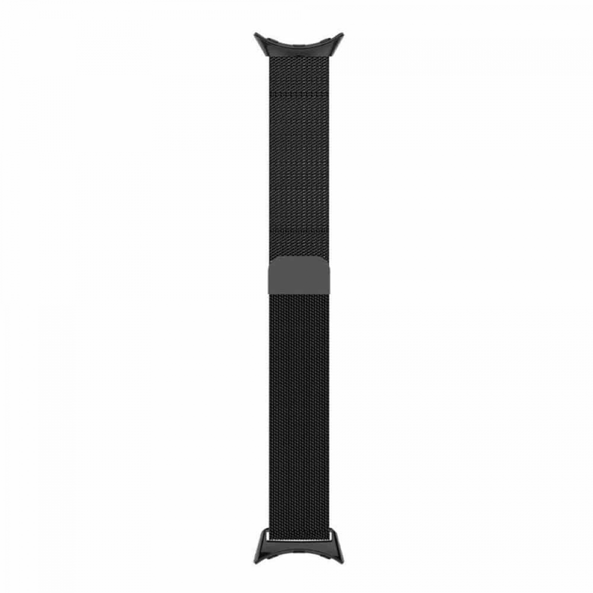 Schwarzes Uhrenarmband aus feinem Mesh-Material. Das Armband ist gerade und hat einen Magnetverschluss.