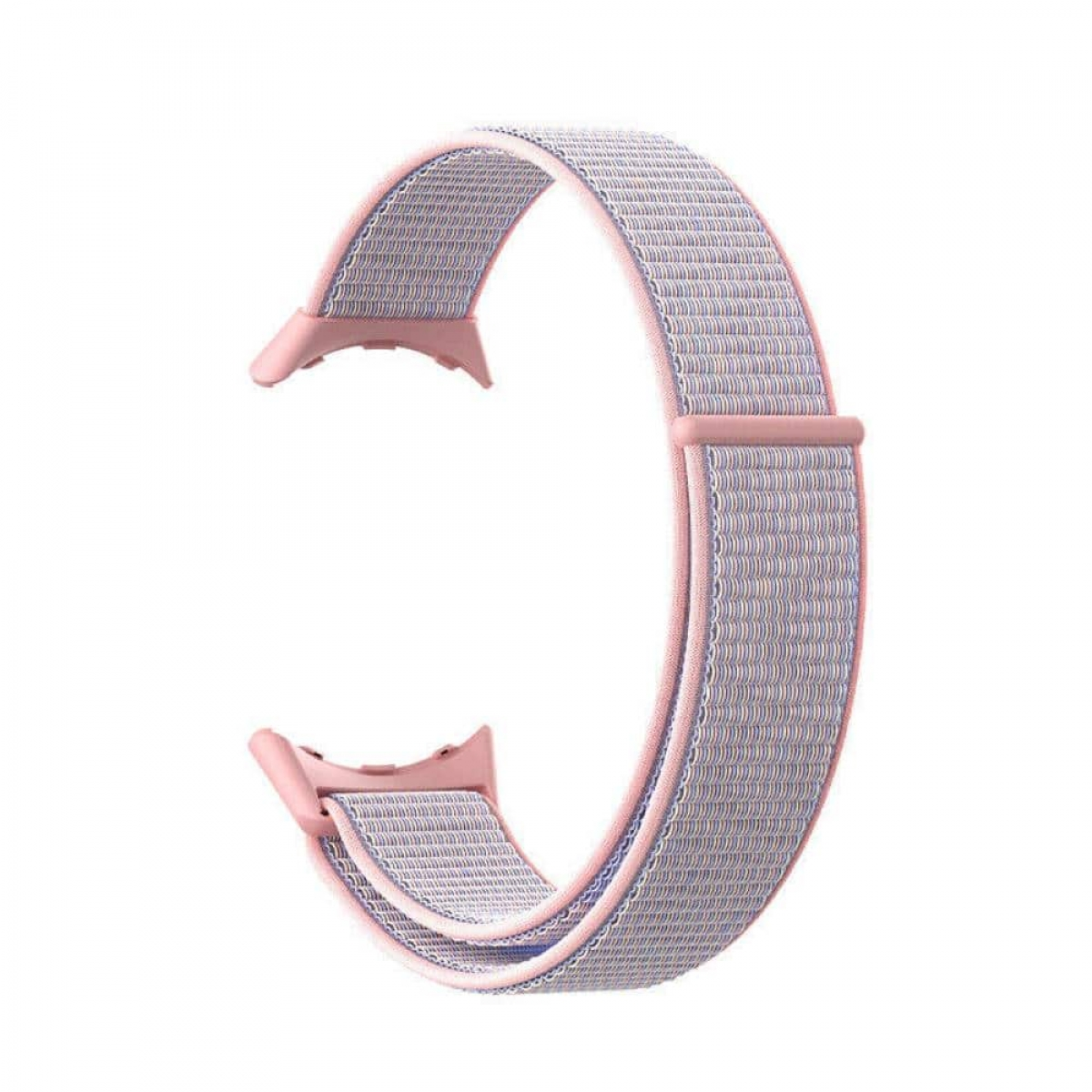 Ein rosa-graues Uhrenarmband. Es ist gebogen, rosa an den Rändern, mit grauem Stoff.