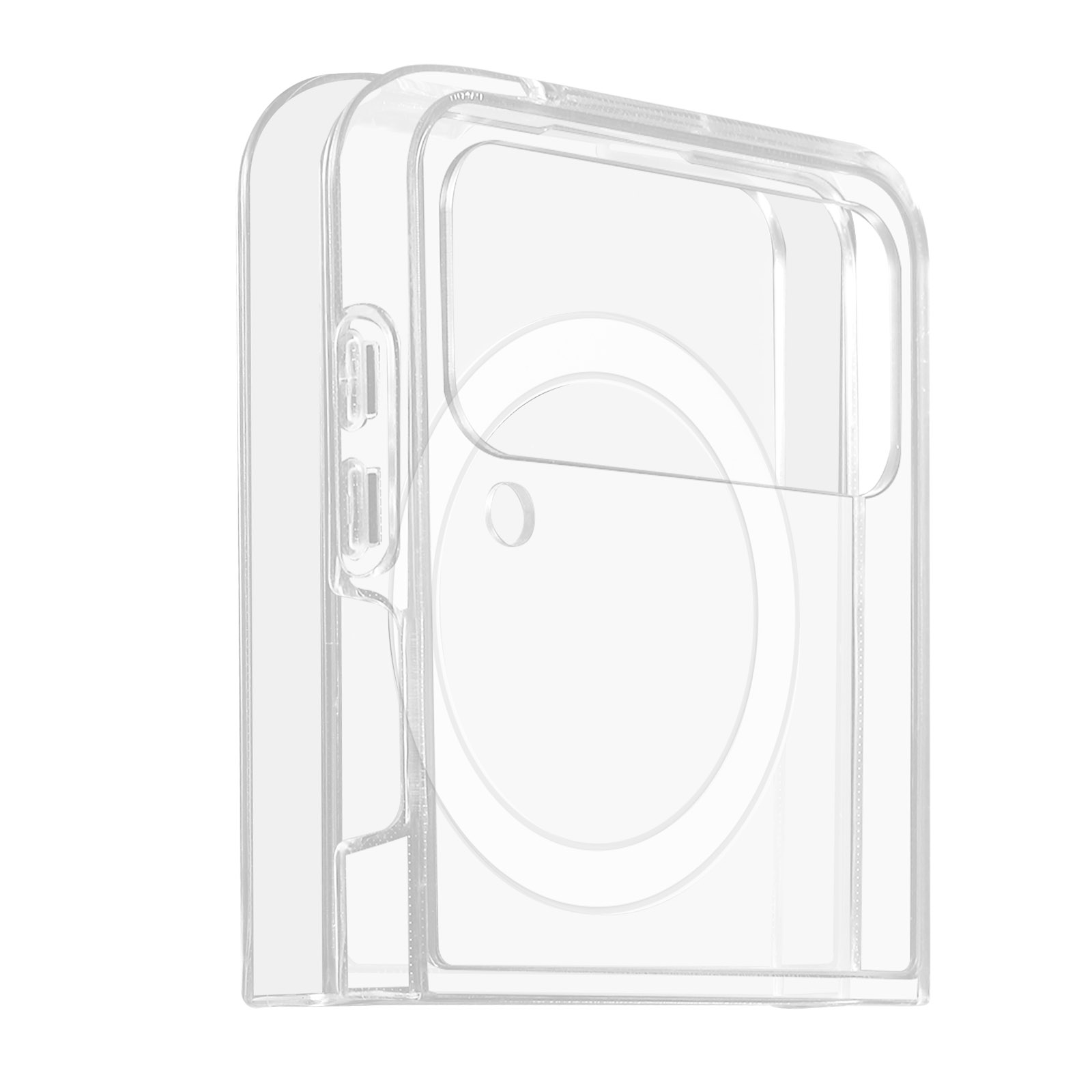 Custodia trasparente per telefono con ritaglio per la fotocamera. È vuota.