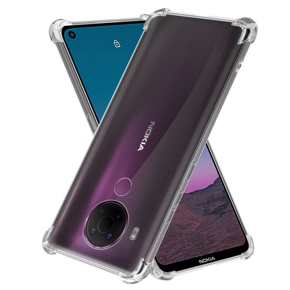 Zwei Telefone, eines lila, eines schwarz, in transparenter Handyhülle auf weißem Grund.