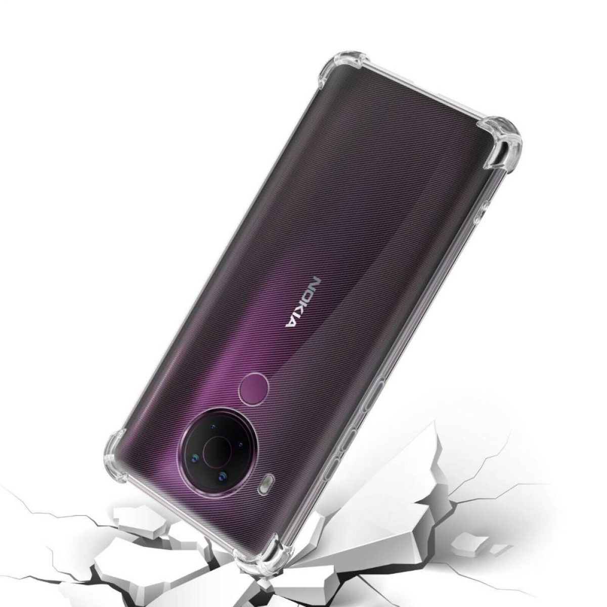 Ein Nokia-Telefon in einer transparenten Schutzhülle. Das Telefon liegt auf einer gerissenen weißen Oberfläche.
