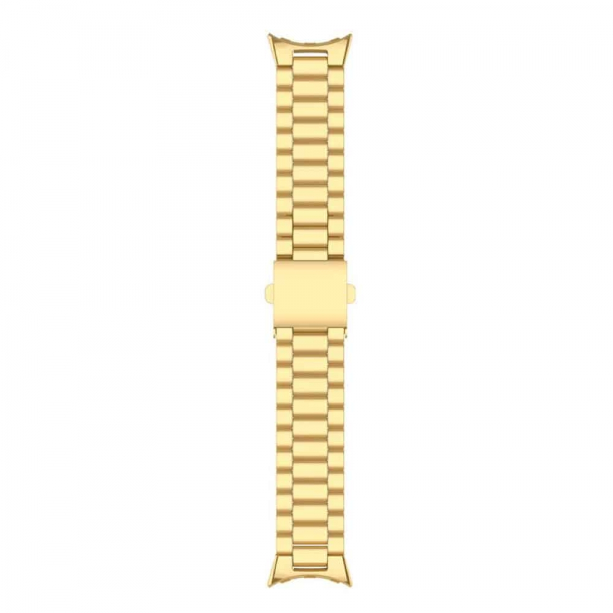 Ein goldfarbenes Uhrenarmband aus rechteckigen Gliedern mit Faltschließe in der Mitte.