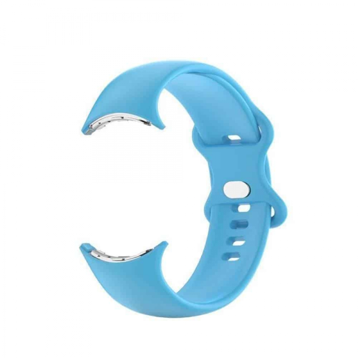 Hellblaues Uhrenarmband. Das Armband ist gebogen und hat silberne Verschlüsse. Der Hintergrund ist weiß.