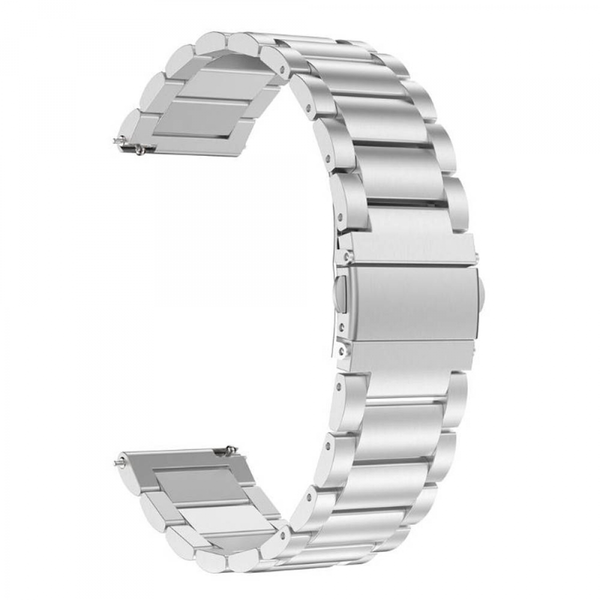 Ein silbernes Uhrenarmband aus miteinander verbundenen Metallstücken, die in einer gebogenen Form angeordnet sind.