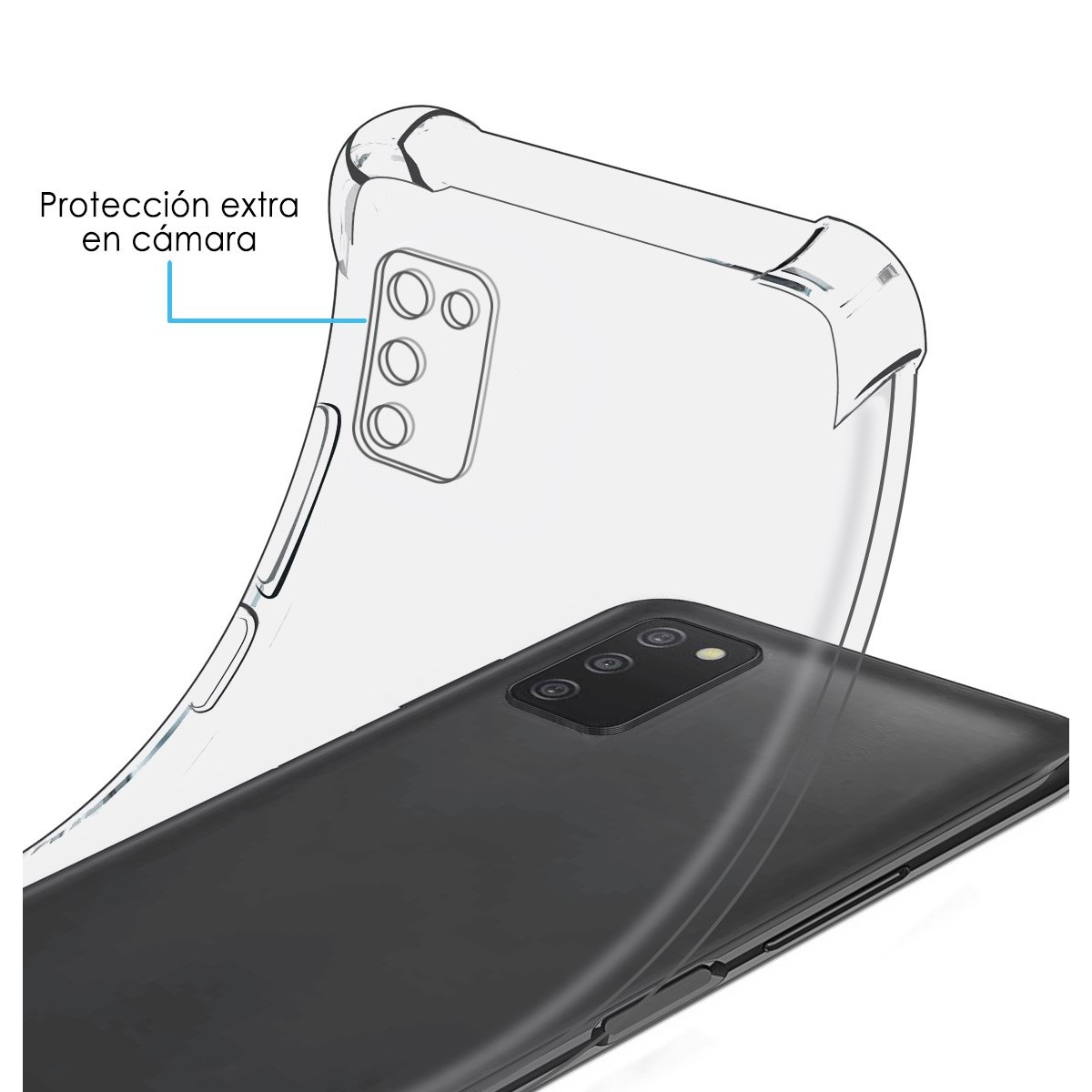 Telefono e una custodia trasparente. La custodia è sopra un telefono nero, con dettagli della fotocamera.