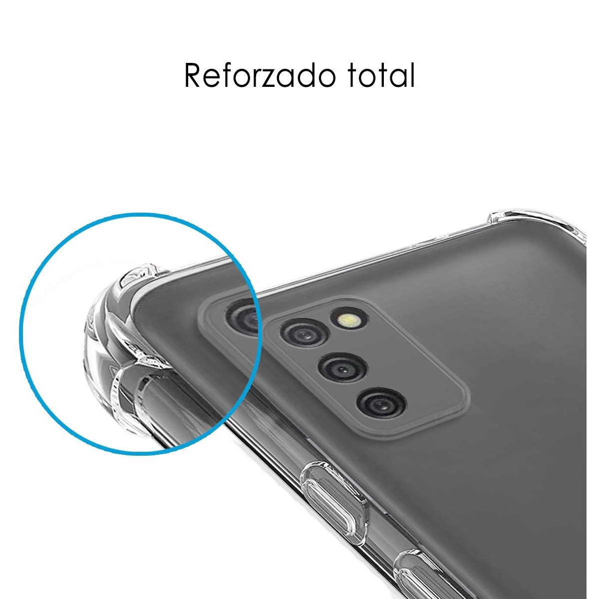Custodia del telefono, primo piano dell'area della fotocamera. Testo: Rinforzato totale.