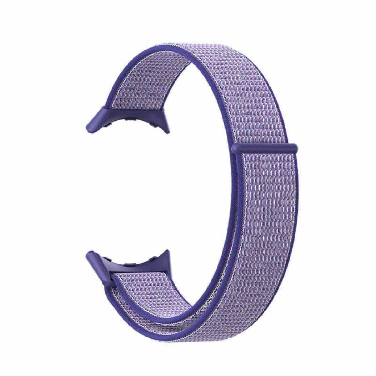 Lila Uhrenarmband mit gewebter Textur und Metallbefestigungen.