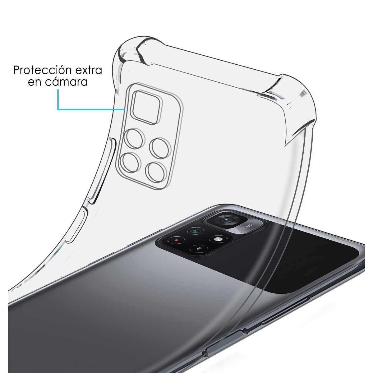 Funda transparente sobre teléfono negro. Texto: protección extra.