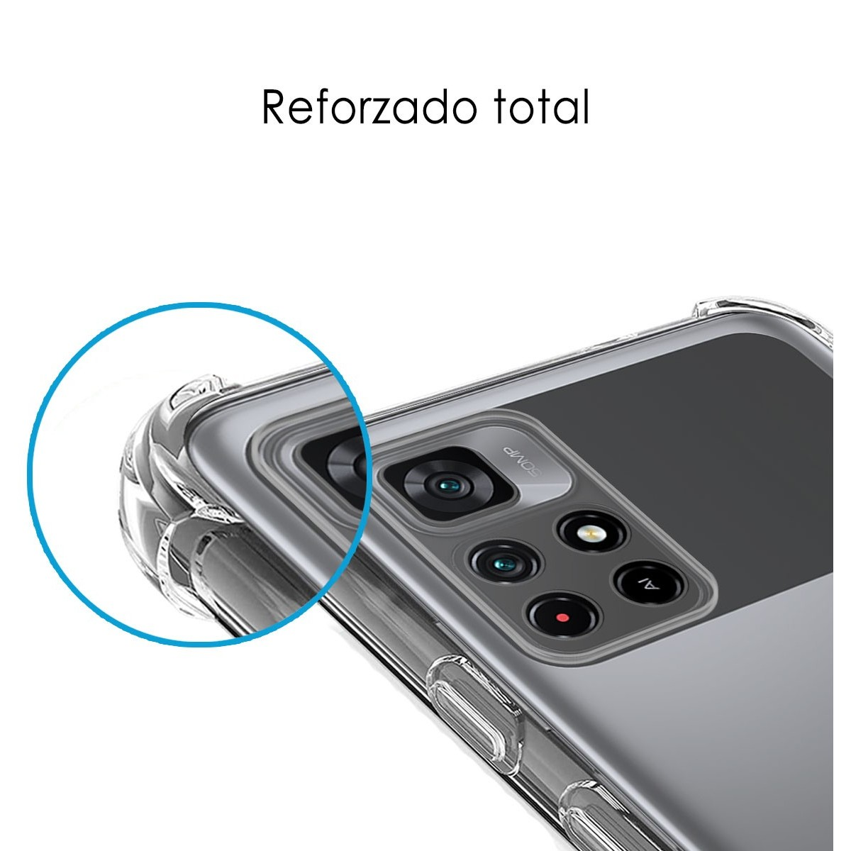 Primer plano de una funda de teléfono. La funda es transparente y protege un teléfono negro.