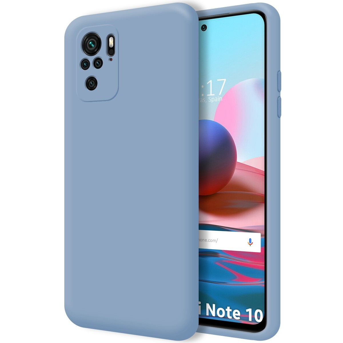 La custodia del telefono è azzurra. Lo schermo del telefono mostra uno sfondo blu.