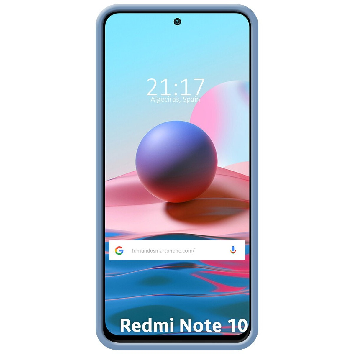 Telefono con una custodia blu. Lo schermo mostra una sfera blu e l'ora.