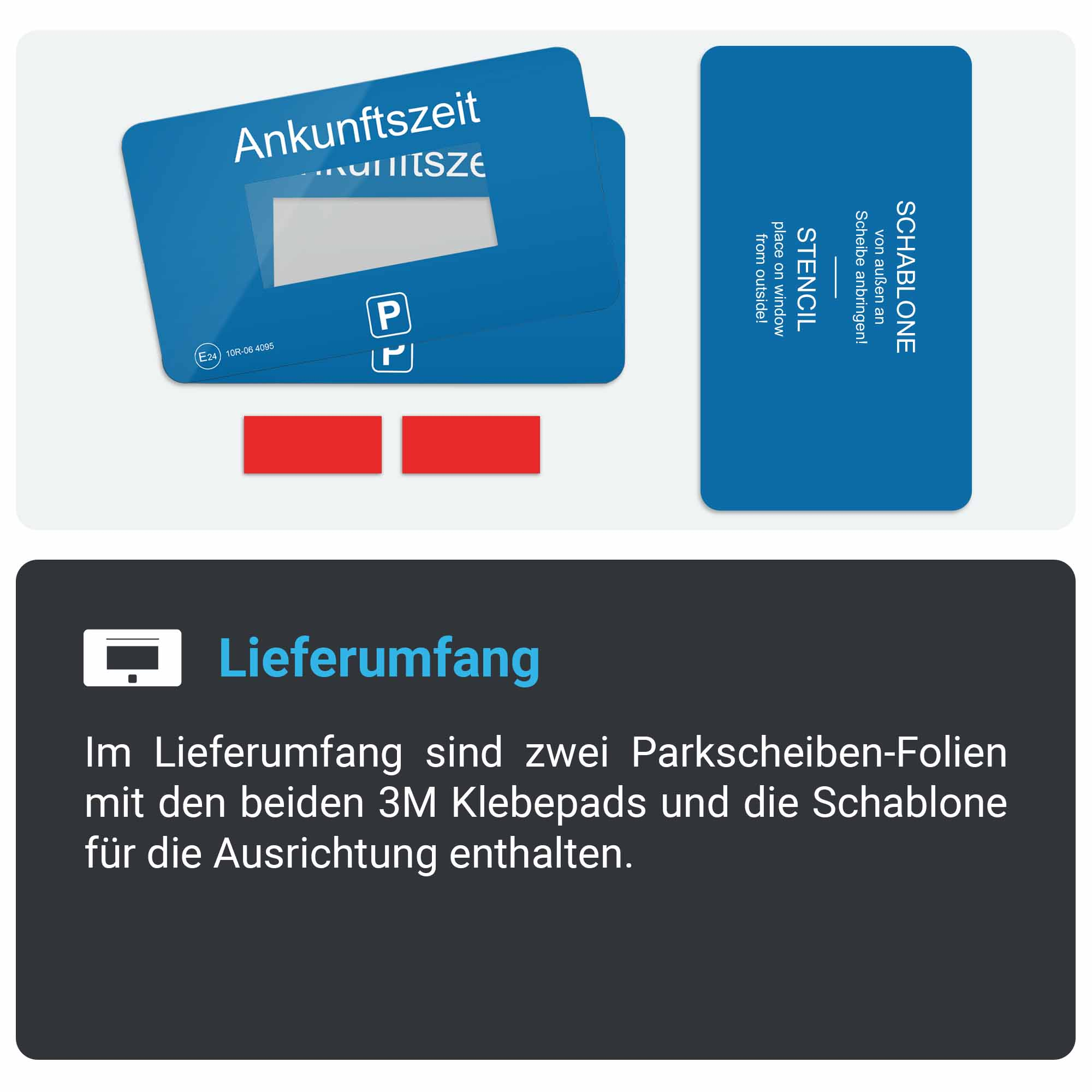 Eine blaue Parkscheibe mit Schablone rechts und deutschem Text über Parken und Schablone.