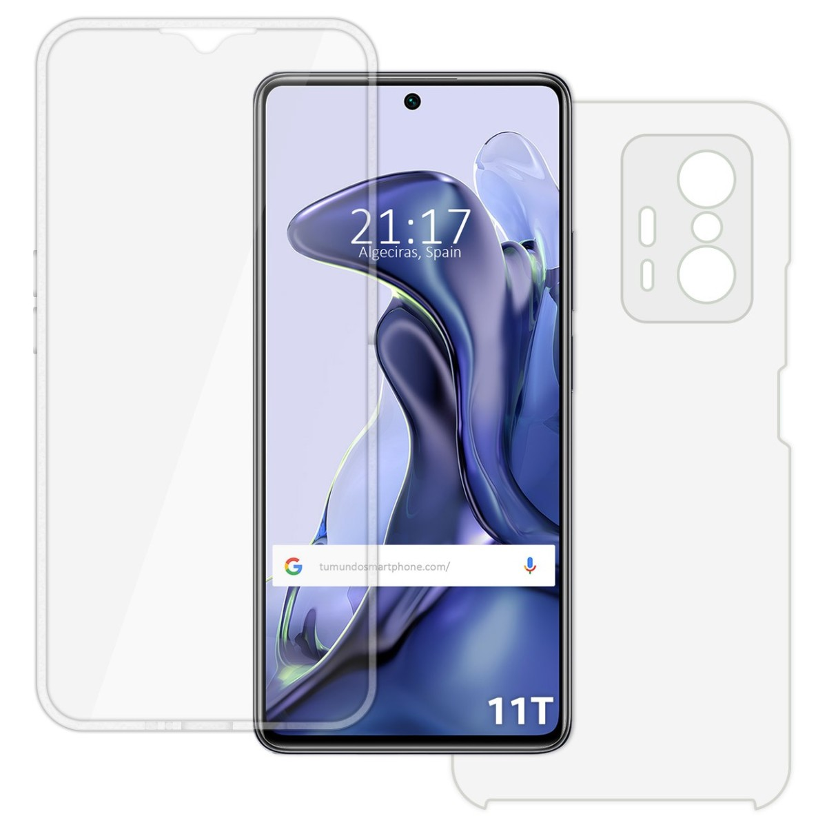 Un teléfono, protector de pantalla y funda, todos con diseño transparente. Mostrando hora e info.