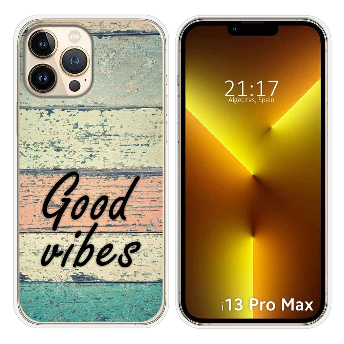 Funda de teléfono con diseño de madera y texto. Pantalla muestra hora y gradiente amarillo.