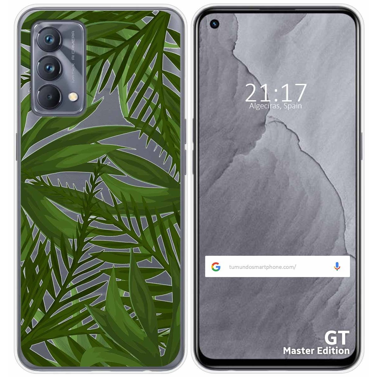 Funda de teléfono con patrón de hojas verdes y pantalla del teléfono que muestra la hora y el texto.