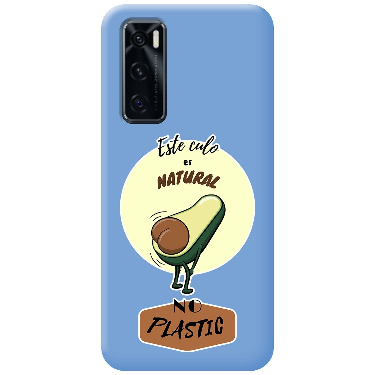 Funda azul con ilustración de aguacate y texto en español.