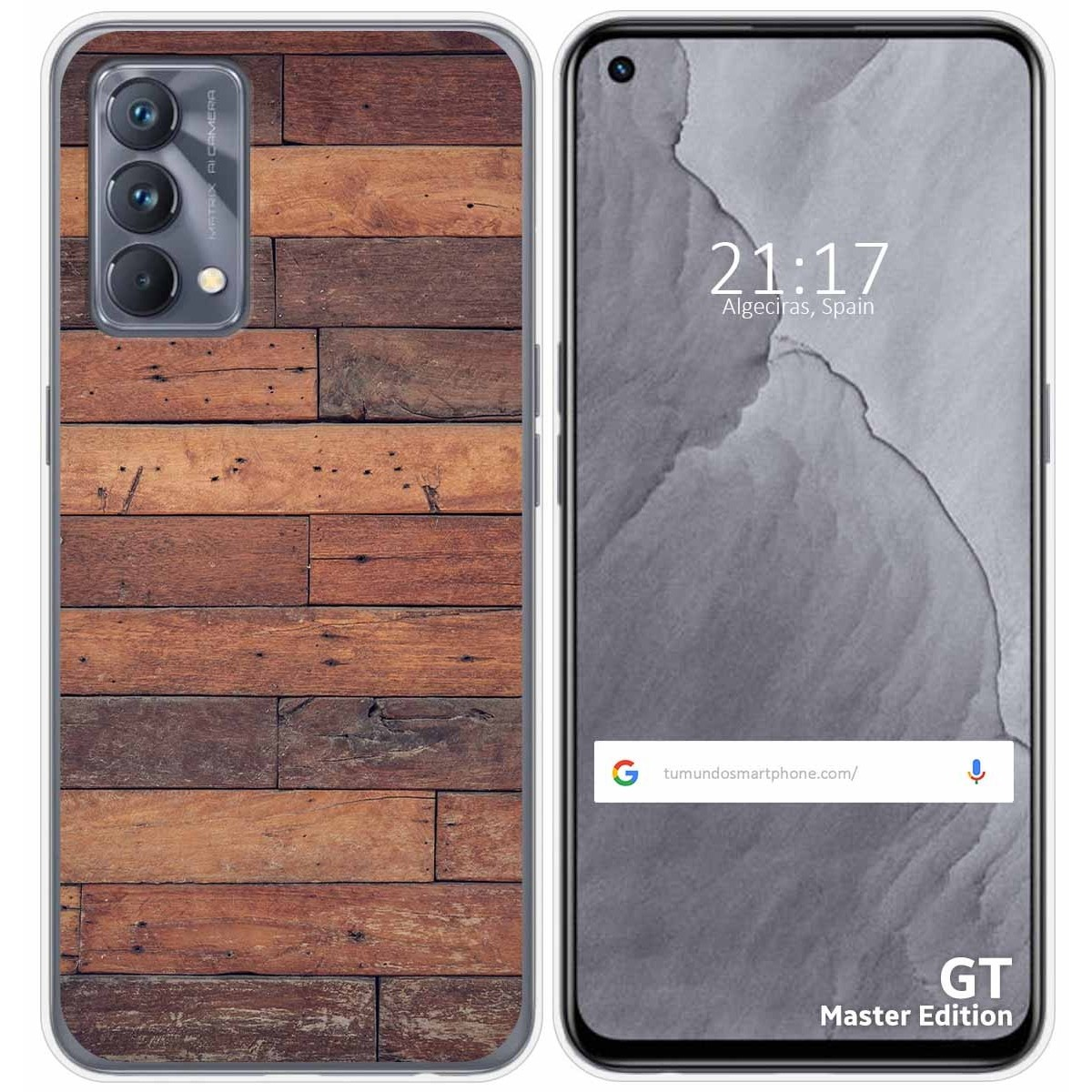 Funda de teléfono con diseño de tablones de madera y teléfono mostrando hora y sitio web.