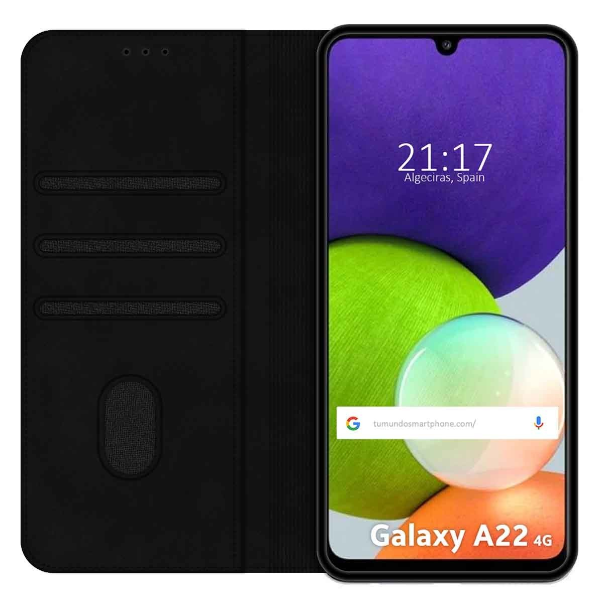 Custodia per telefono nera con design a portafoglio. Il telefono è in una custodia a portafoglio chiusa.