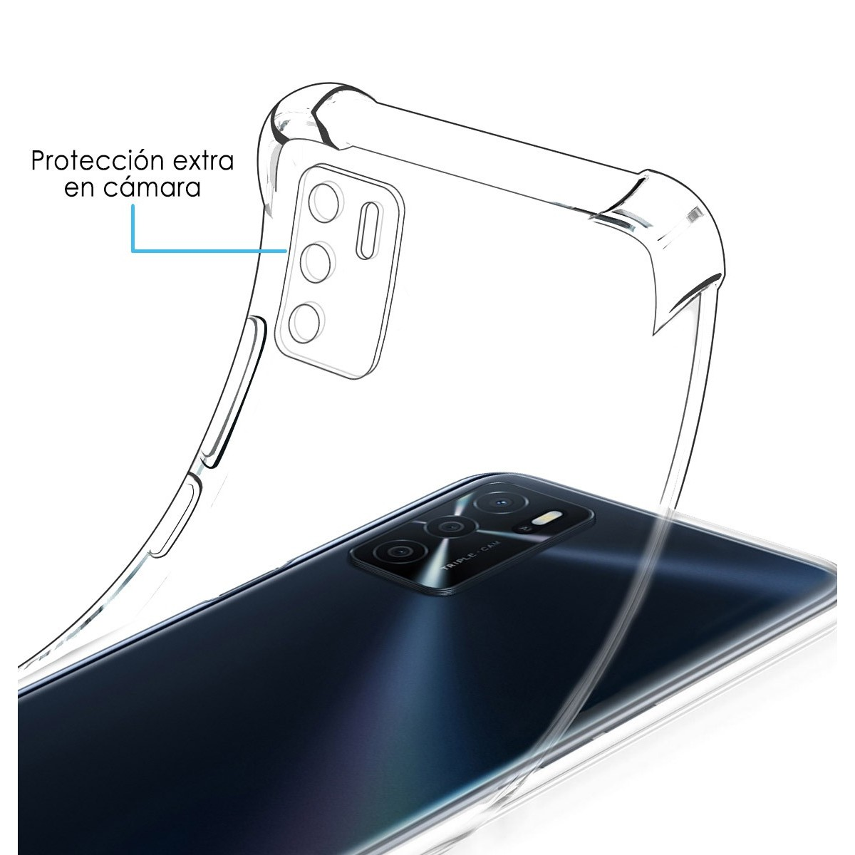Custodia trasparente con telefono e testo, con protezione extra per la fotocamera.