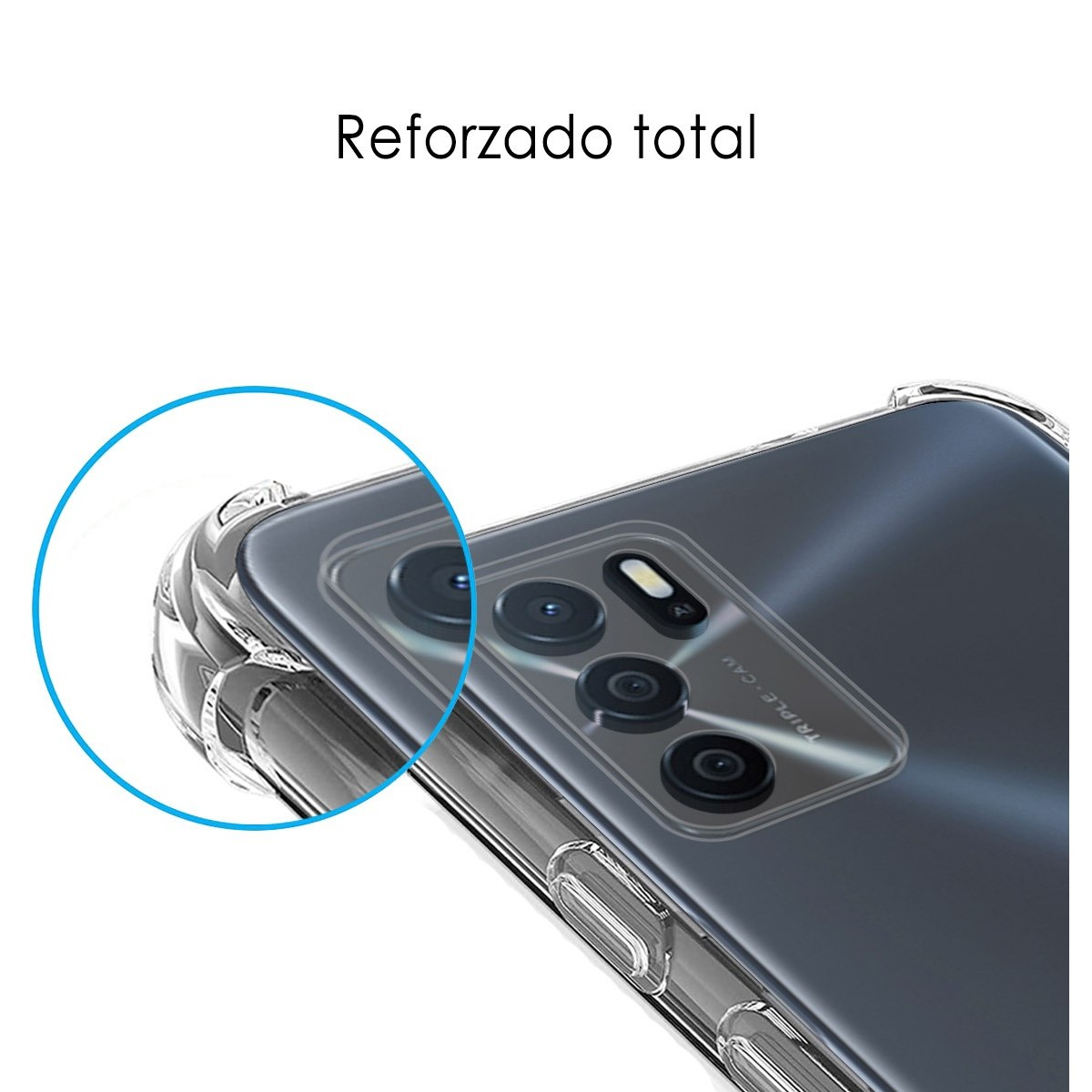 Un primo piano di una custodia per telefono, che mostra la plastica trasparente che racchiude la fotocamera.