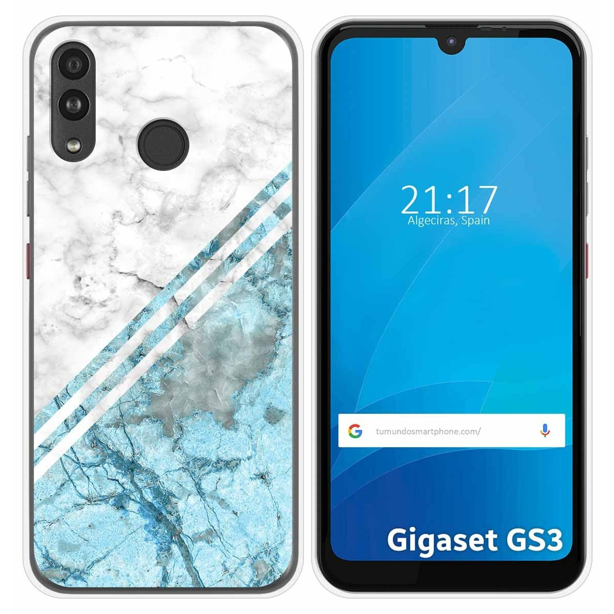 Funda con diseño de mármol, el teléfono muestra la pantalla de inicio con la hora y el logo de Gigaset GS3.