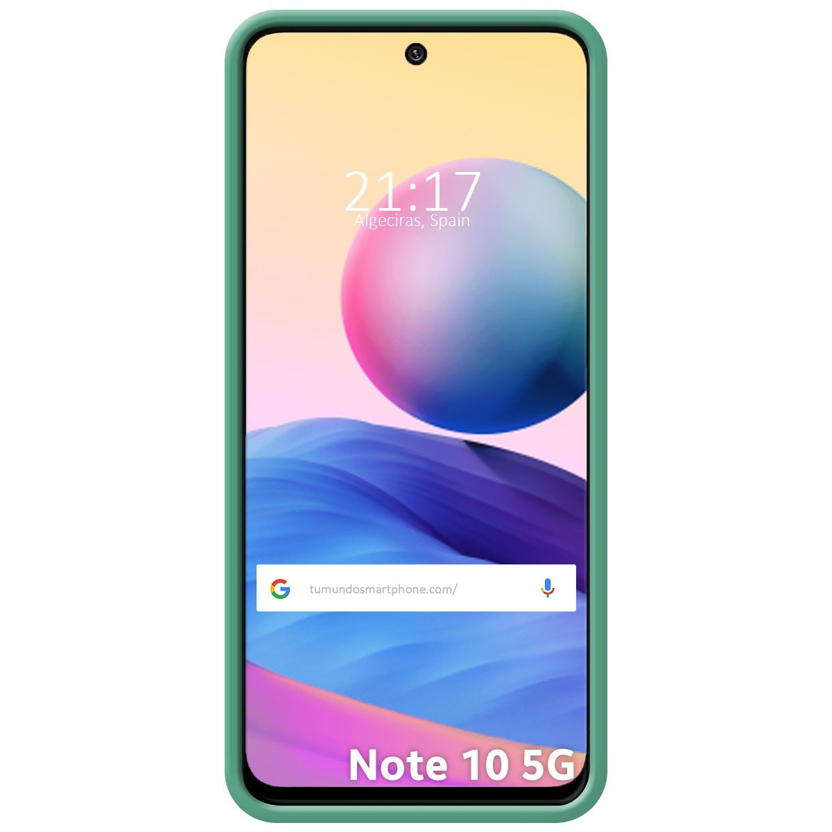 Telefono. Lo schermo mostra ora e luogo. La custodia è verde.