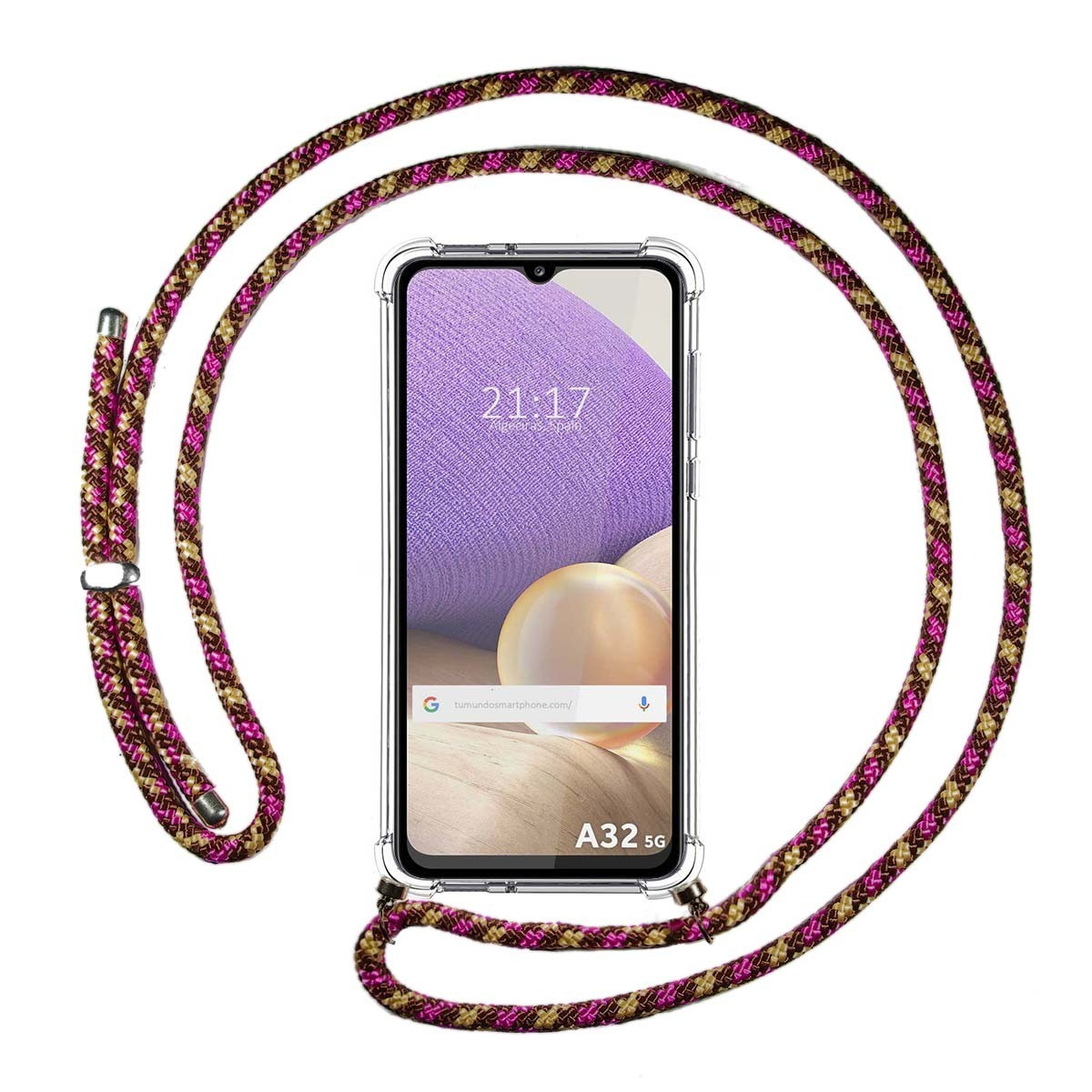 Telefono e cinturino da collo. Il telefono mostra l'ora. Il cinturino ha un motivo rosa e marrone.