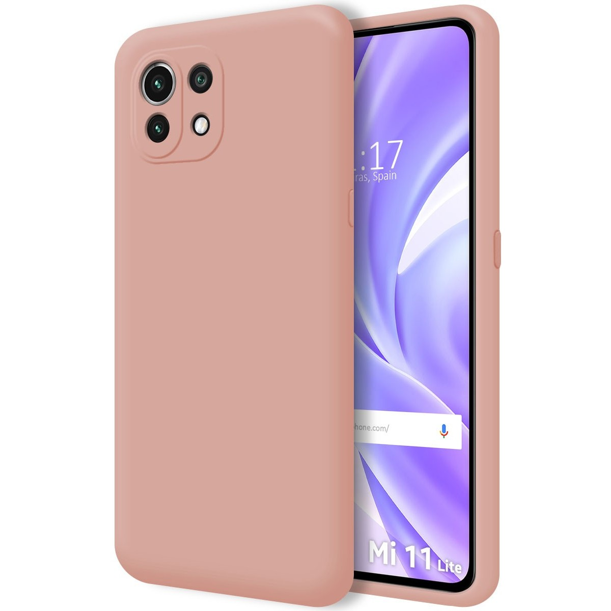 Custodia per telefono rosa chiaro con il telefono sul lato destro. Lo schermo del telefono è visibile.