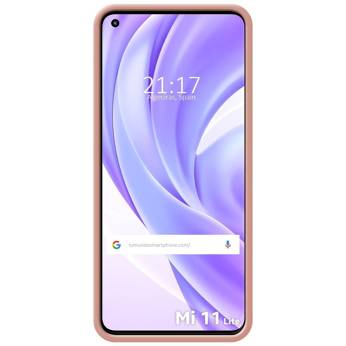 Schermo del telefono con sfondo lilla astratto, dentro una custodia rosa.