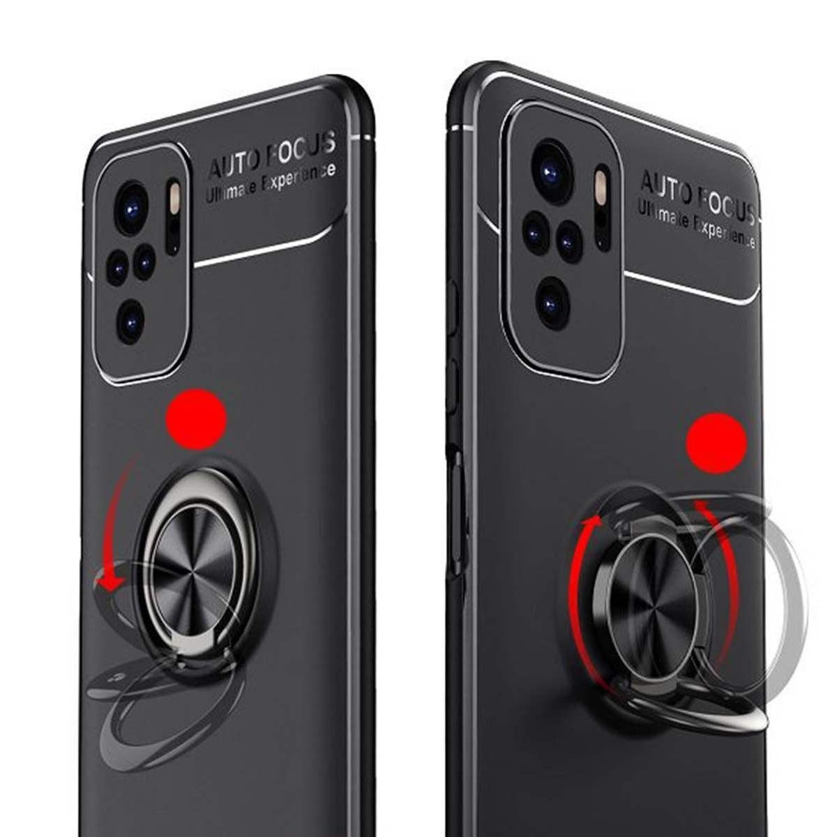 Custodia per telefono con un design grigio scuro e un supporto ad anello metallico.