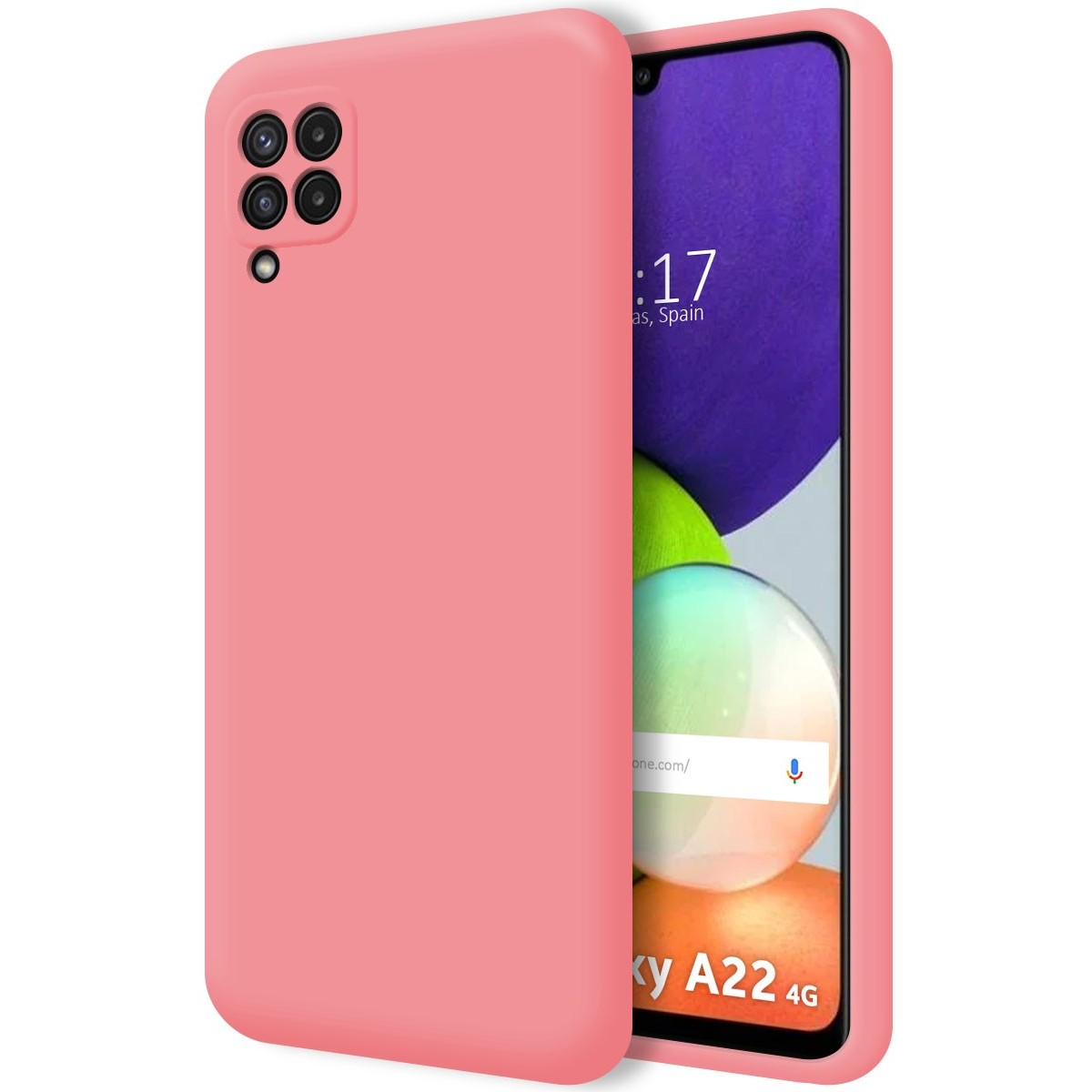 Custodia rosa per telefono con un telefono rosa all'interno. Lo schermo del telefono mostra l'ora e il modello.