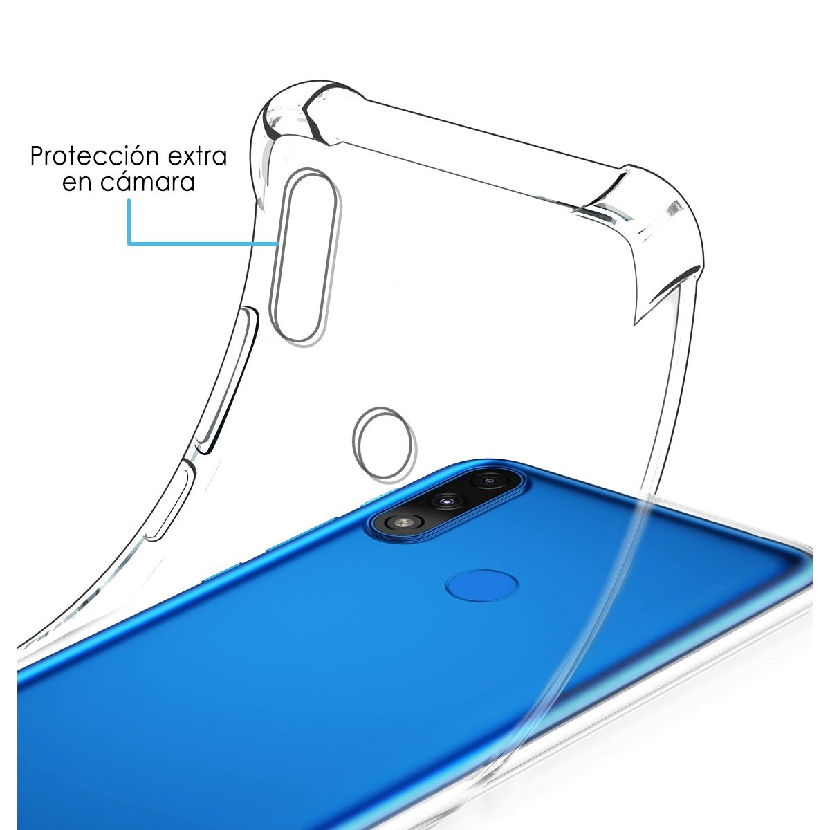 Funda transparente sobre teléfono azul, con protuberancia de cámara y protección extra.