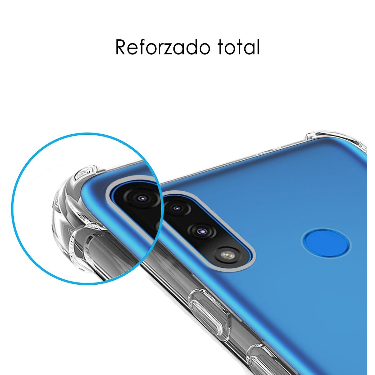 Funda de teléfono azul, vista de cerca de la cámara y las palabras 'Reforzado total'.