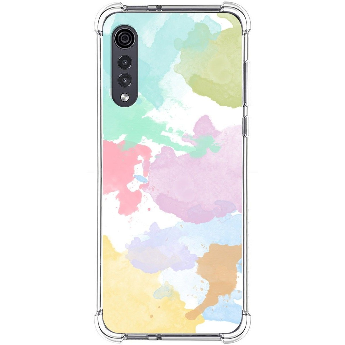 Funda para teléfono con salpicaduras de acuarela coloridas en rosas, amarillos y azules.