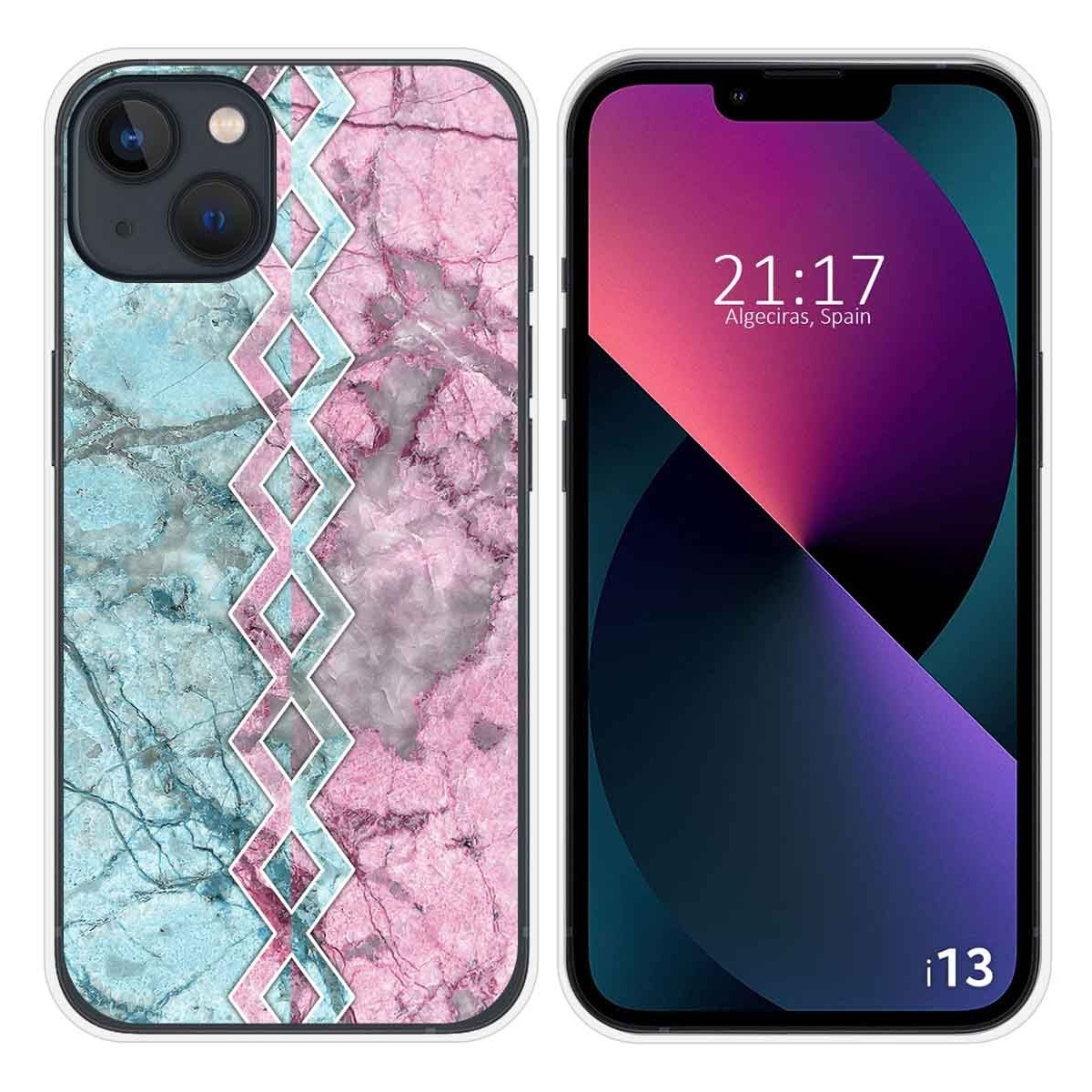 Una funda de teléfono con diseño de mármol, y una pantalla de teléfono con diseño abstracto morado y rosa.