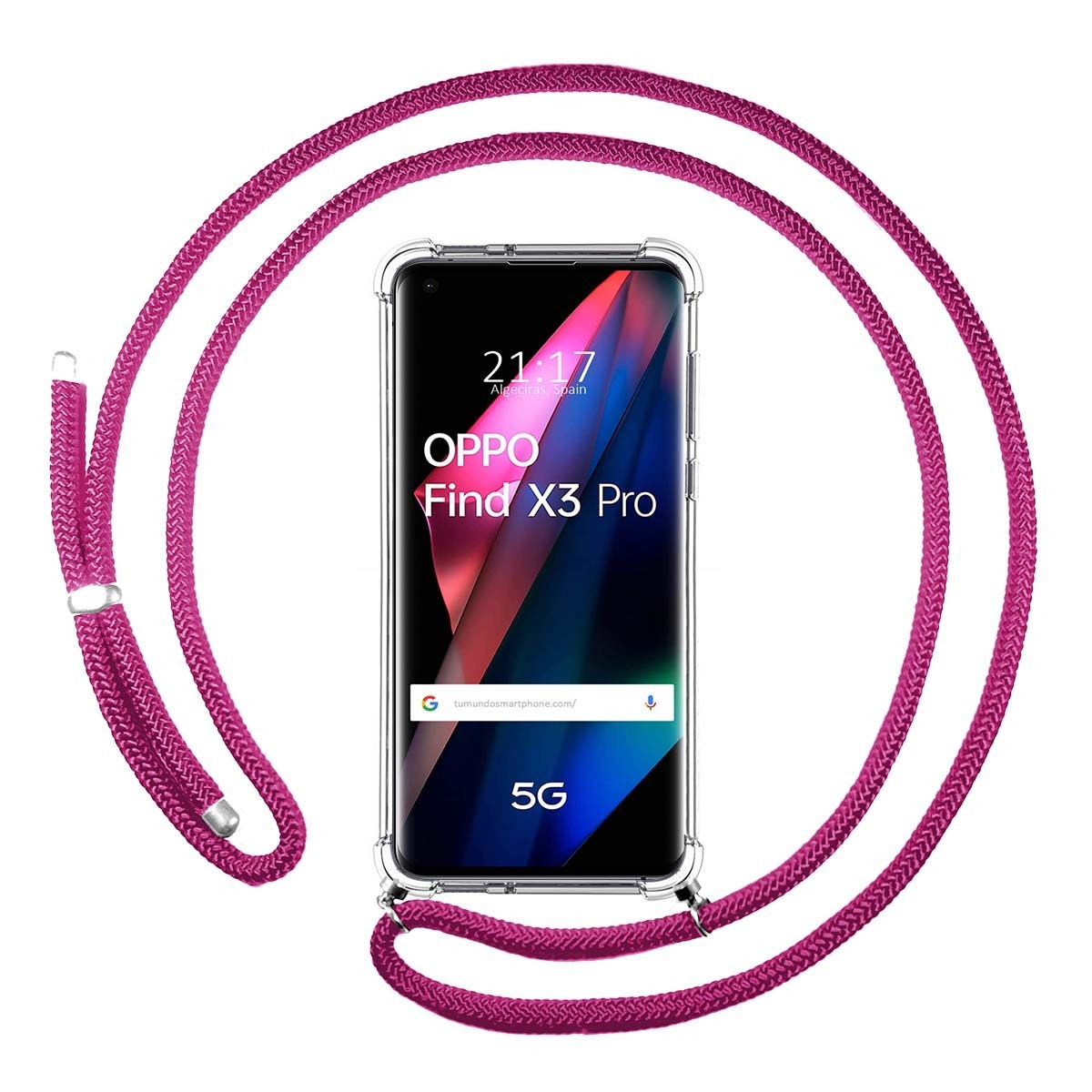 Teléfono con cuerda rosa adjunta. El teléfono muestra la hora y la dirección web.