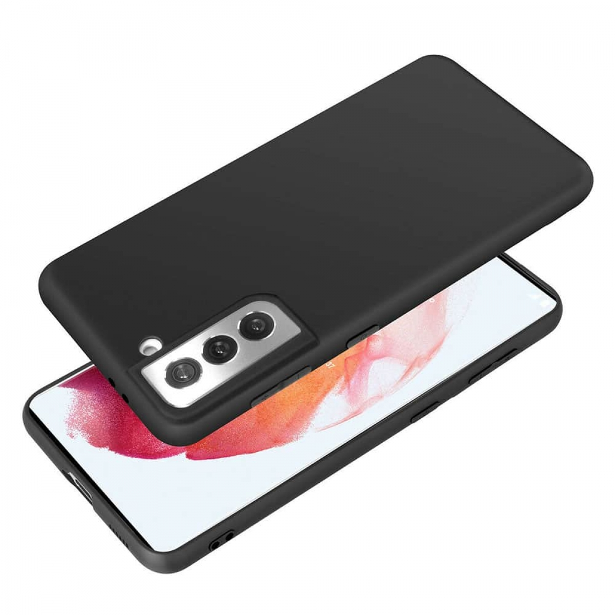 Schwarzes Telefon mit schwarzer Hülle auf weißer Oberfläche. Der Bildschirm zeigt ein buntes Design.