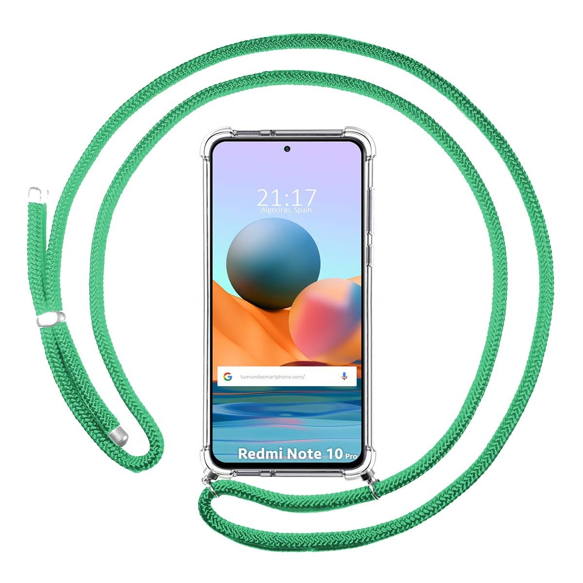 Un telefono con un cinturino verde. Lo schermo mostra l'ora 21:17 in Spagna.