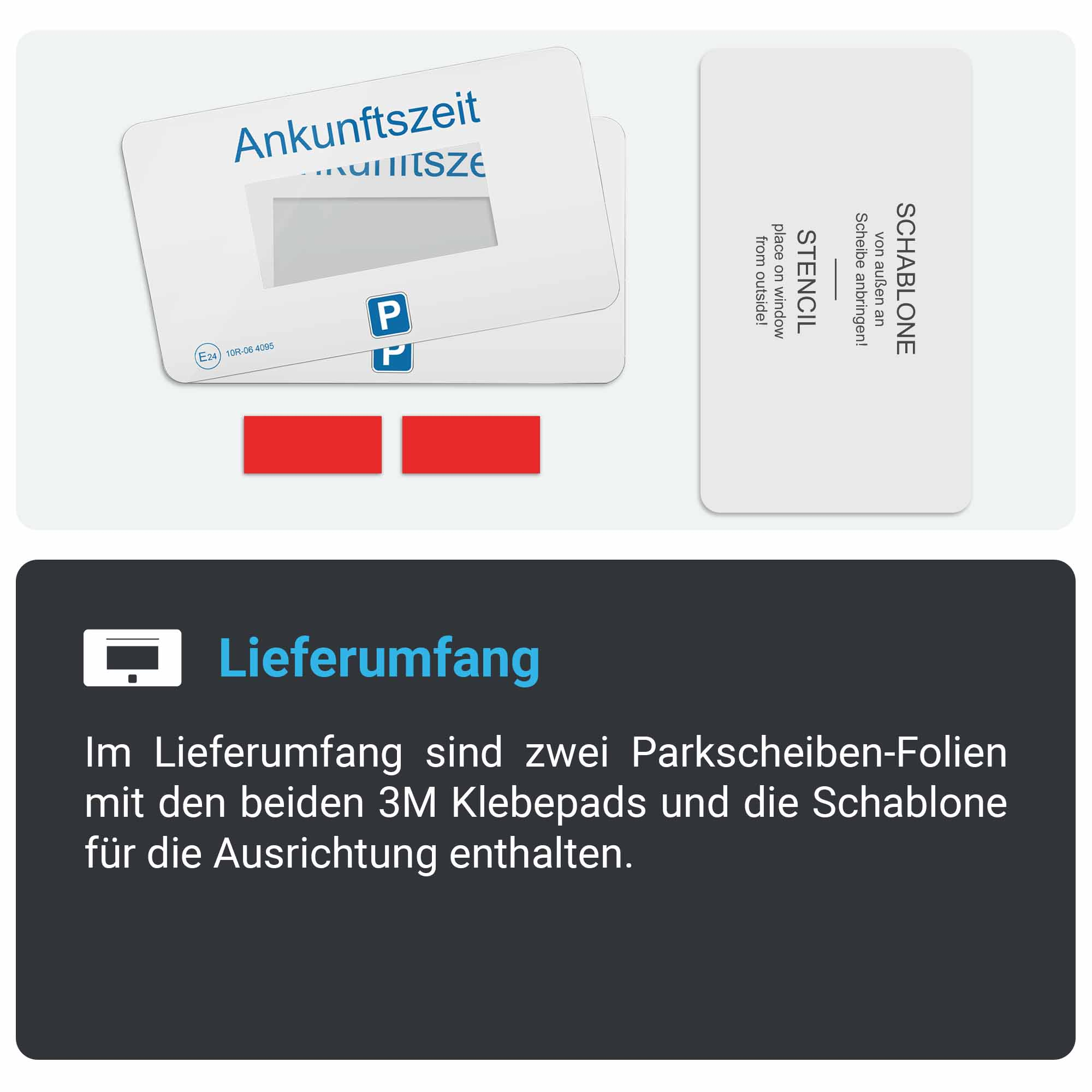 Parkscheibensatz: Ankunftszeitanzeige, Schablone und rote Klebepads. Weißer Hintergrund.