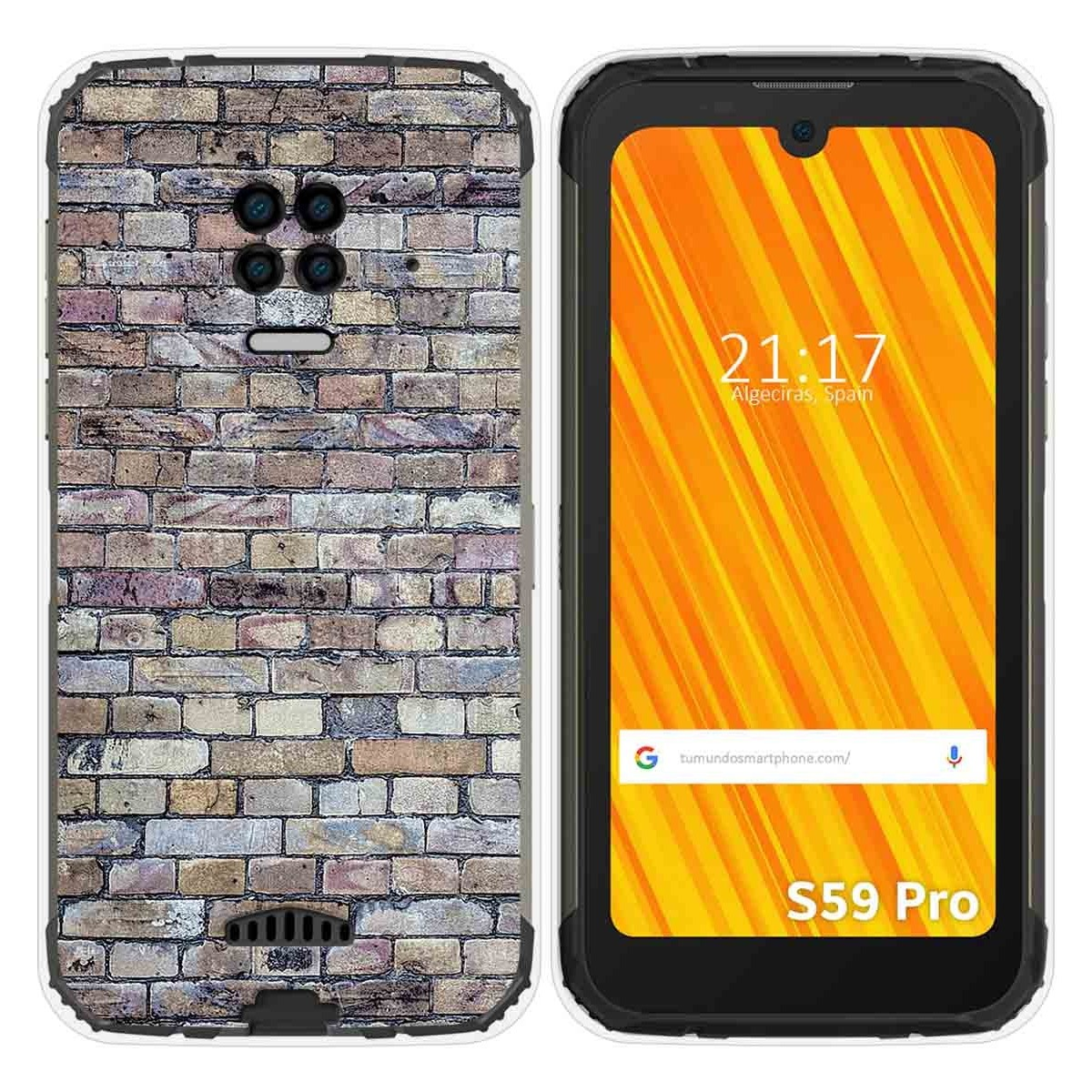 Una funda de teléfono con un patrón de pared de ladrillo y un teléfono que muestra la hora 21:17 en España.
