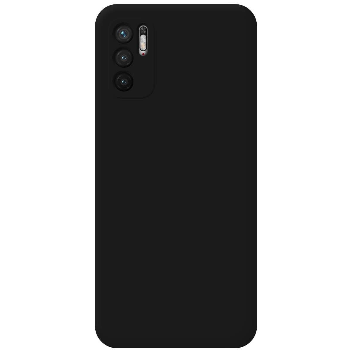 Custodia per telefono nera con tre obiettivi per fotocamera. Il telefono è di colore scuro.