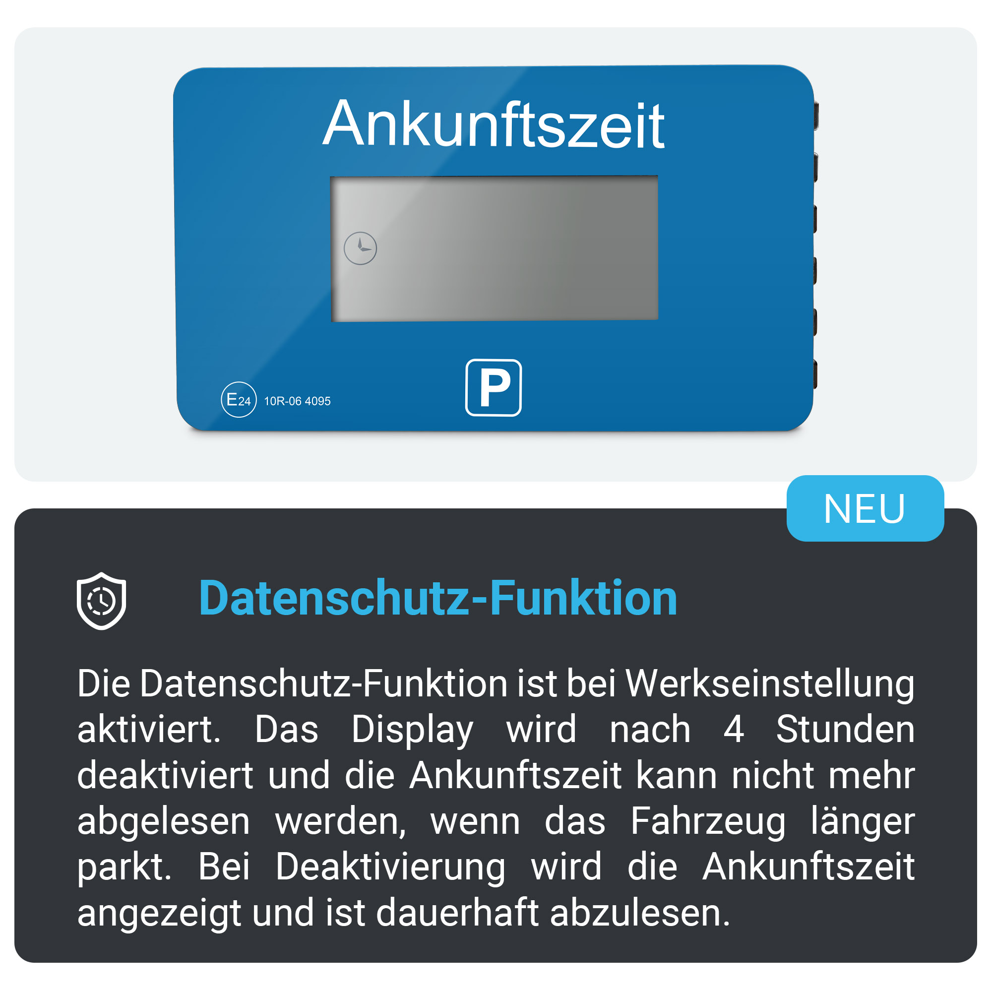 Blauer Parkuhr mit Ankunftszeit. Text unten erklärt Datenschutz-Funktion.