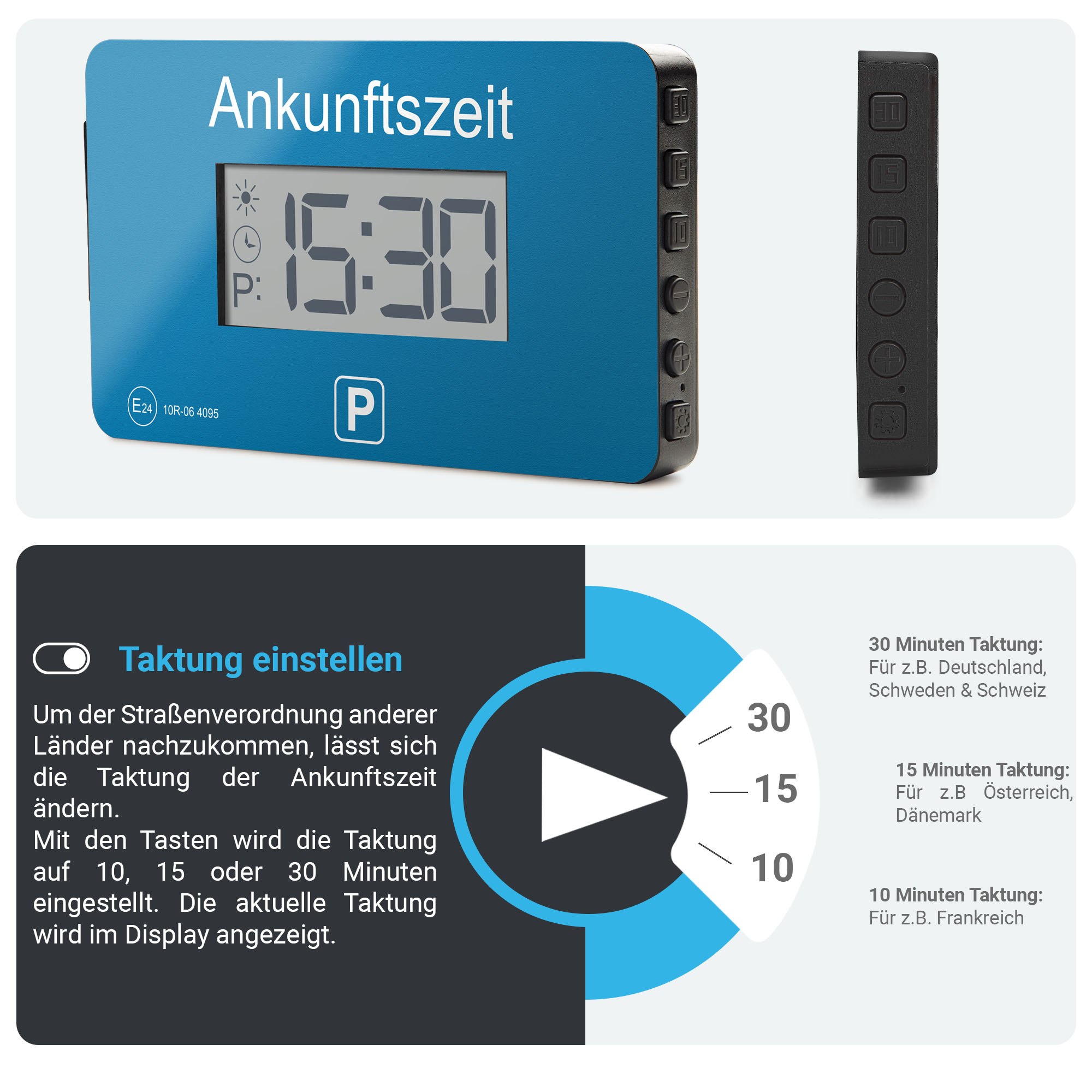Ein blauer Parktimer zeigt 15:30. Rechts eine schwarze Fernbedienung, darunter Informationen.