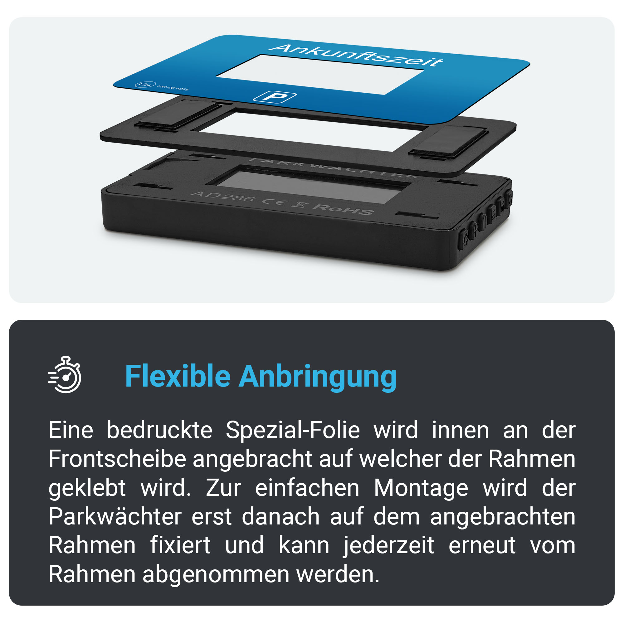 Drei Schichten schwarzer und blauer Gerätekomponenten, mit deutschem Text, auf weißem Hintergrund.