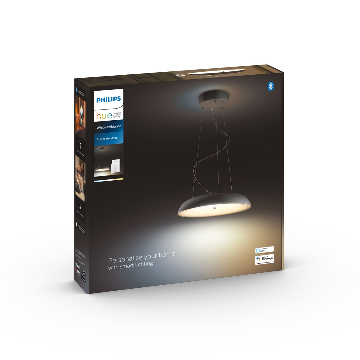 Boîte d'une suspension intelligente Philips Hue. Couleurs blanc et gris, avec la lumière allumée.