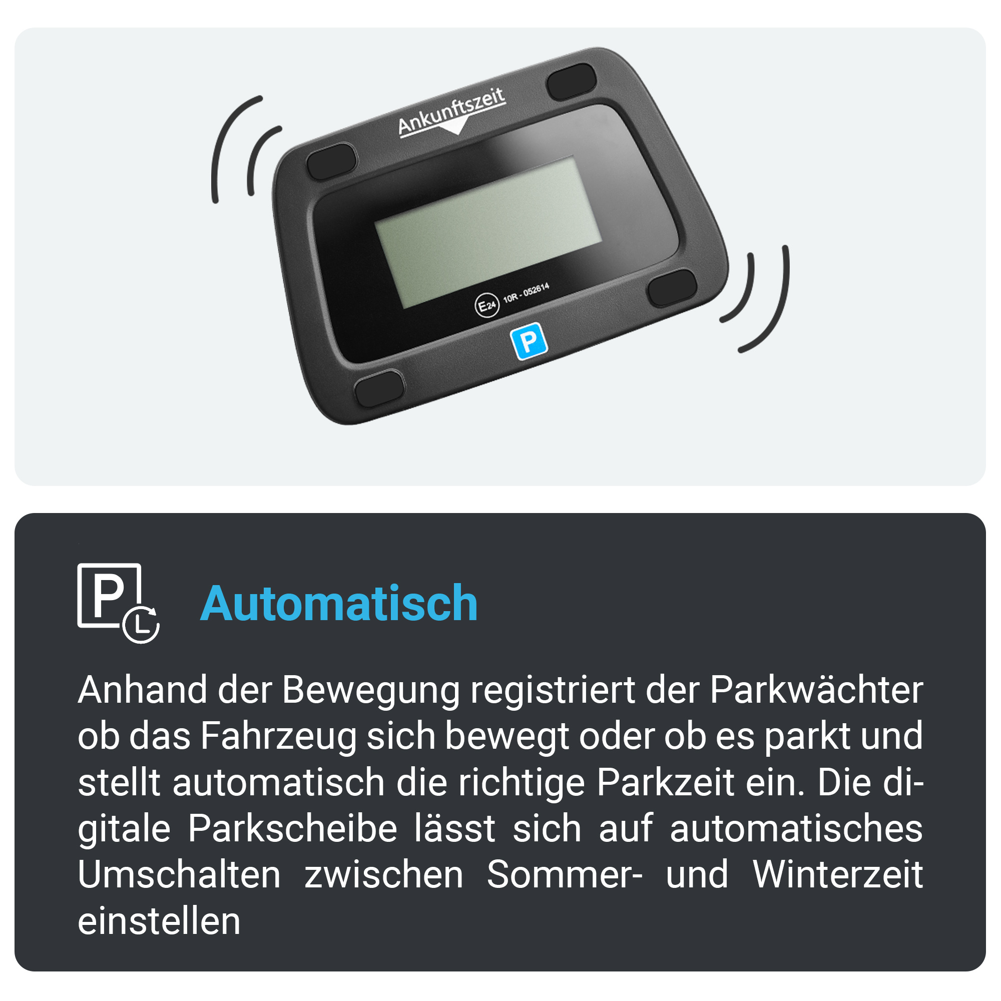 Schwarze Parkscheibe, mit Anzeige der Ankunftszeit und dem Wort 'Automatisch' daneben.